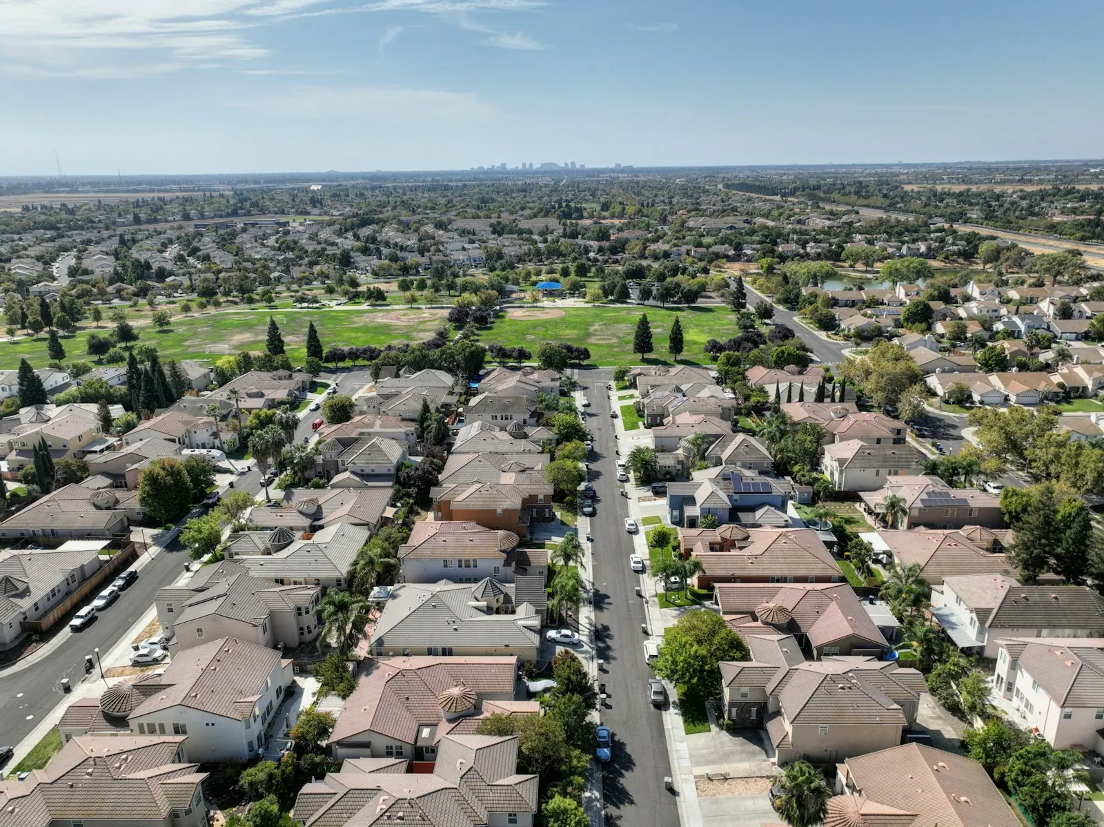 Aerial view of a Fountain Valley suburban residential neighborhood